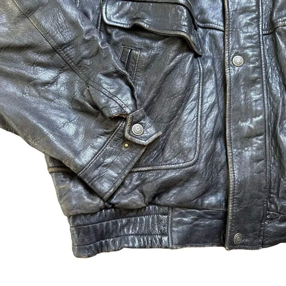 Vintage 90s Black Leather Bomber Jacket XL Oversized Distressed Flight Biker